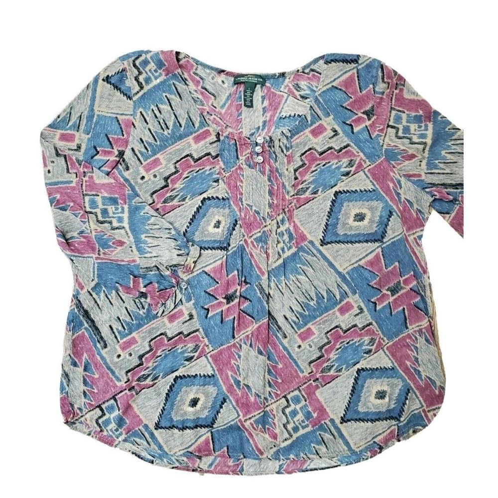 LRL Lauren Jeans Co. Ralph Lauren Women's L Top Gray Aztec Print Lightweight LS